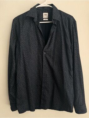 ZARA Navy Shirt with Tiny Beige Microprint